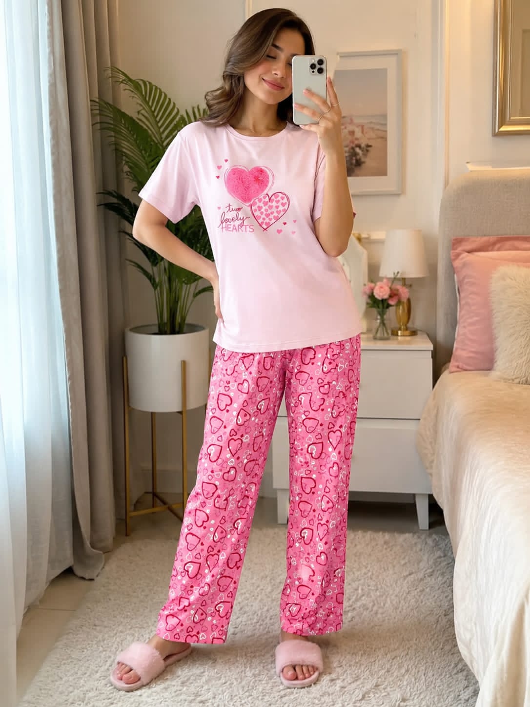 0000 Baby Pink Two Lovely Heart Printed Half Sleeves T-shirt With Heart Printed Pajama Suit