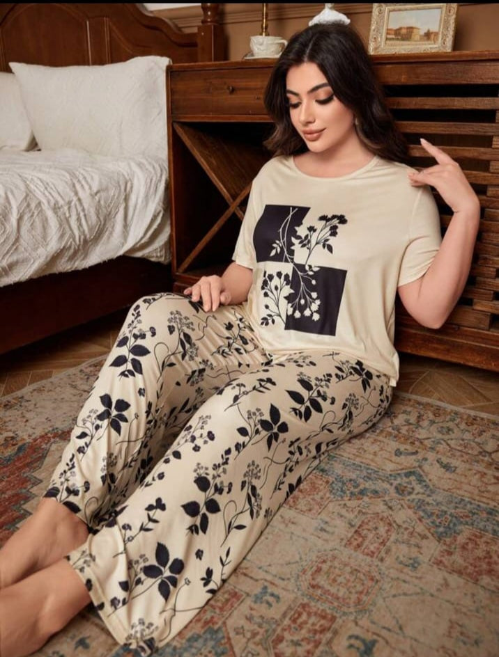 0001 Skin Flower Printed Half Sleeves T-shirt With Flower Printed Pajama Suit