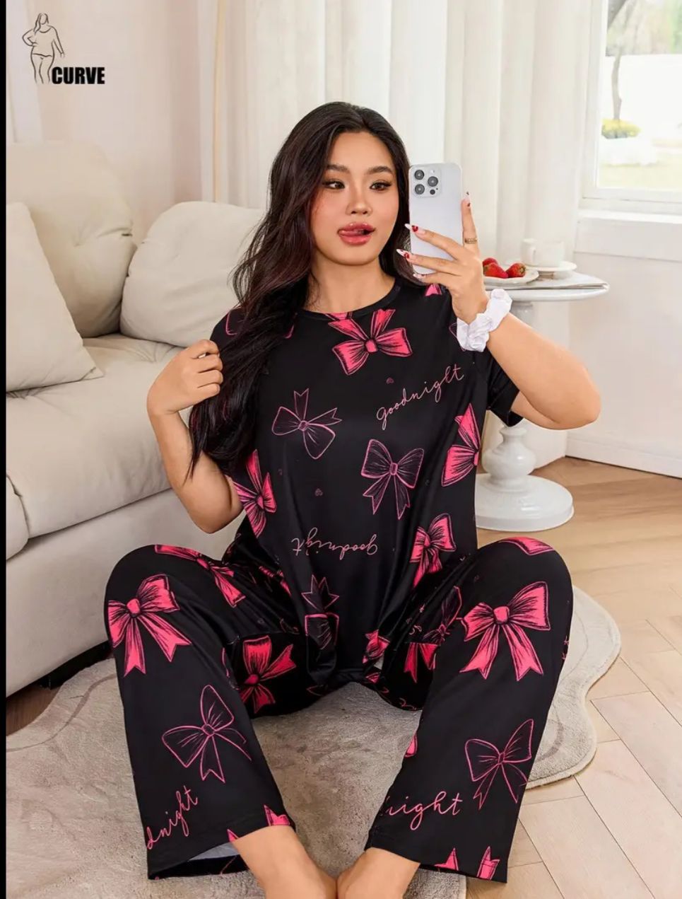 0000 Black All over Bow Printed Half Sleeves T-shirt With Panda Printed Pajama Suit