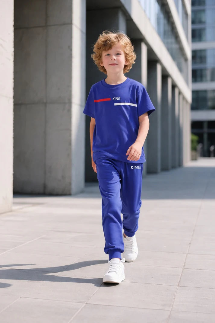 0001 Royal Blue King Printed Half Sleeves T-shirt with Printed Pajama Kids Suits