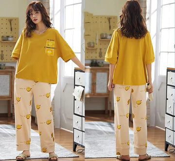 043 Yellow Lemon Printed Half Sleeves T-shirt With Printed Trouser