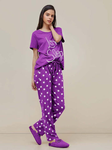 021 Purple Love Sleep Printed Half Sleeves T-shirt With Printed Trouser