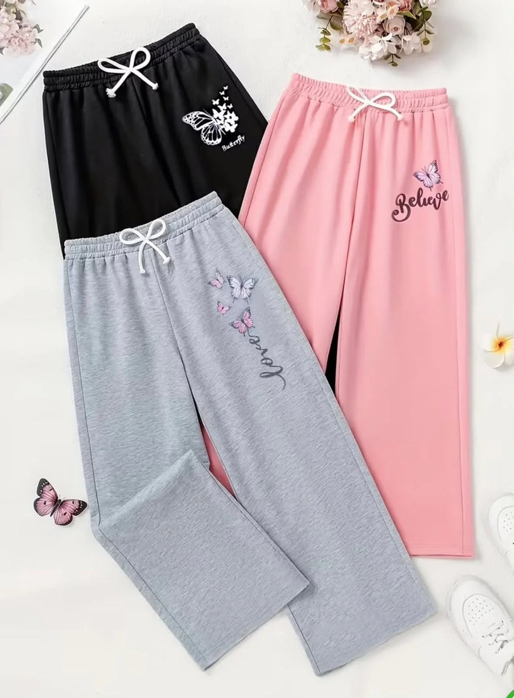 Printed Pack of 3 Multi Fleece Trousers For Kids (Black,Pink,Grey)(Believe, butterfly,Love)