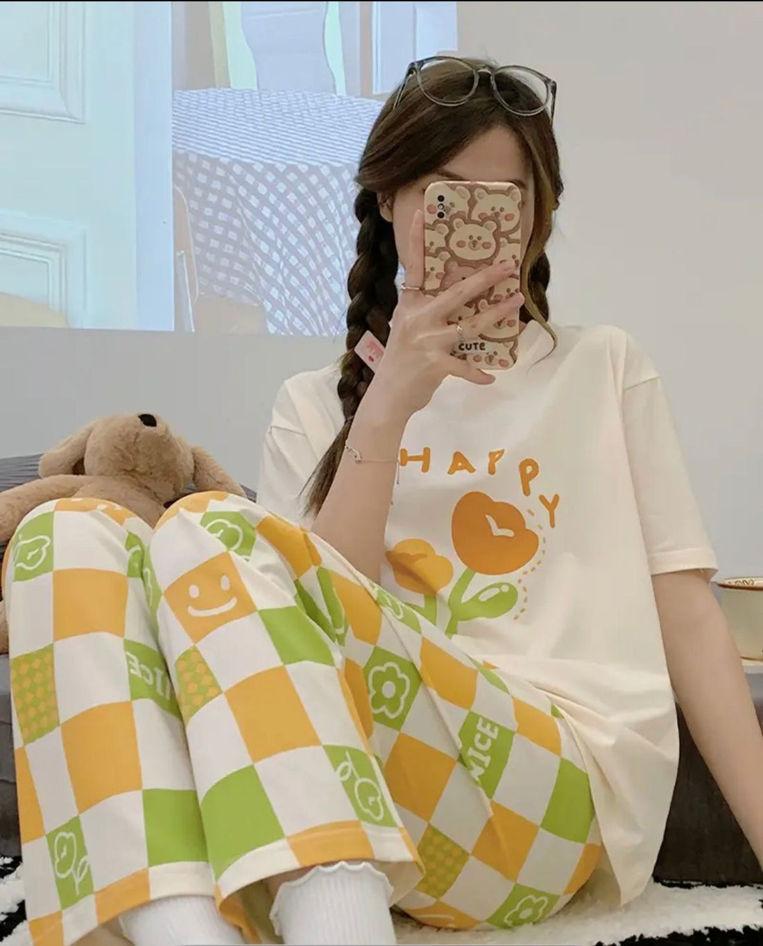 0000 Offwhite Flower Happy Printed Half Sleeves T-shirt With Printed Pajama Suit