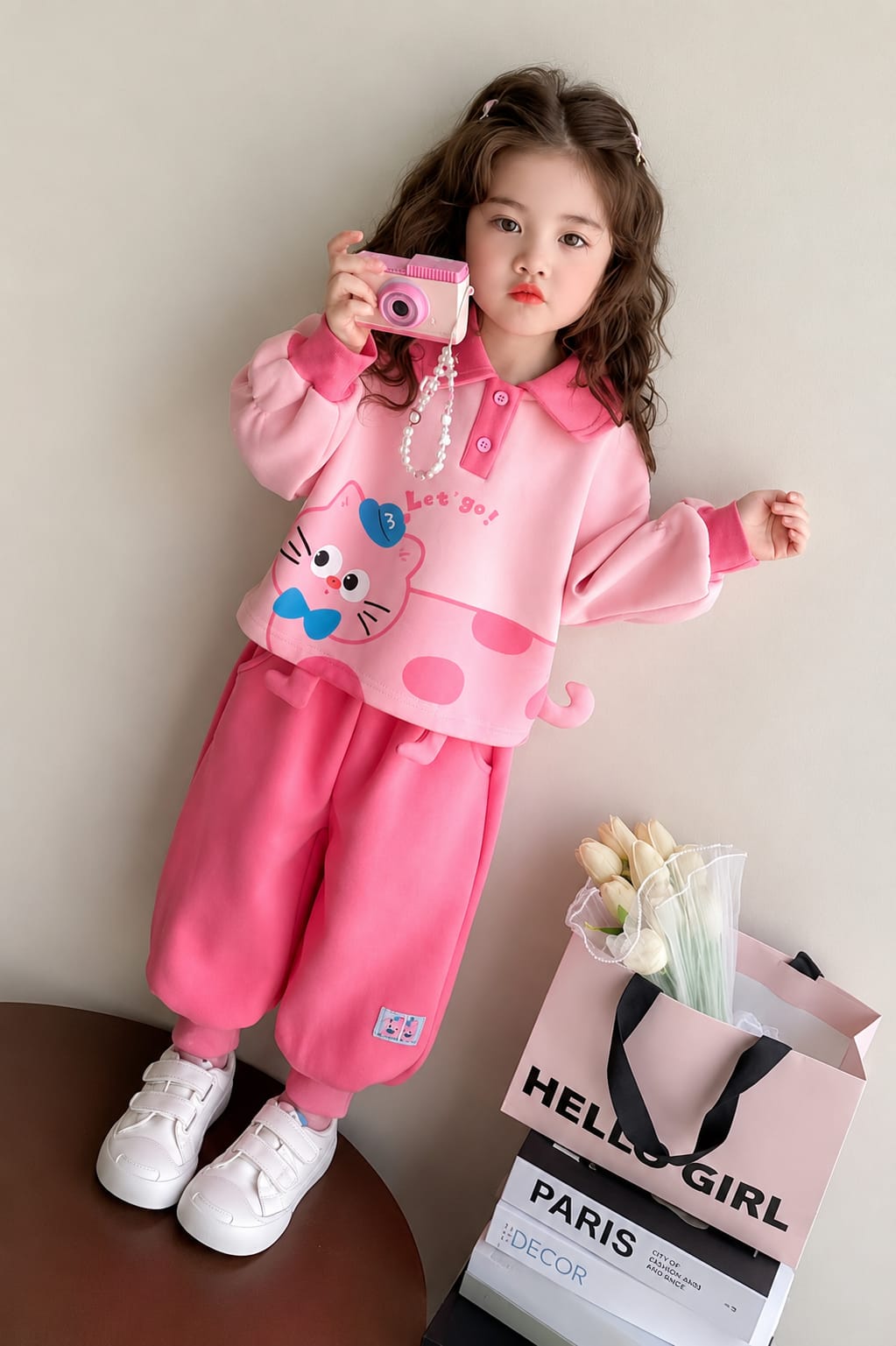 0000 Pink Cute Cat Sweatshirt With Pink Fleece Trouser