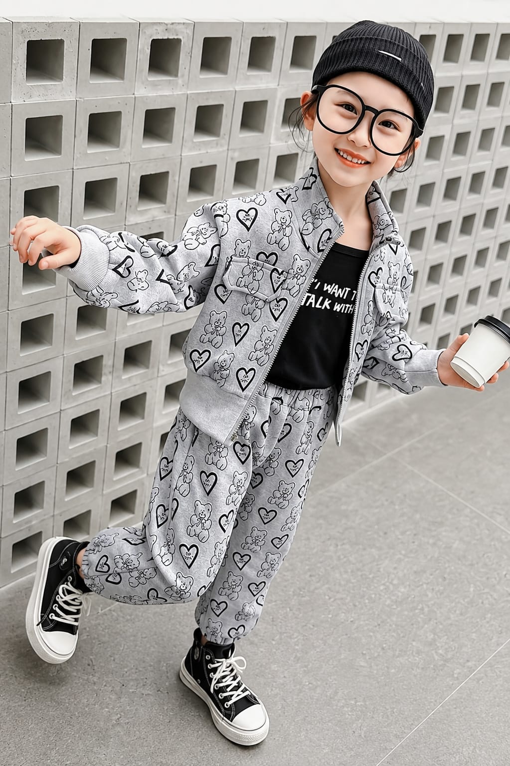 0000 Grey Teddy Bear Printed Zipper Kids Tracksuit
