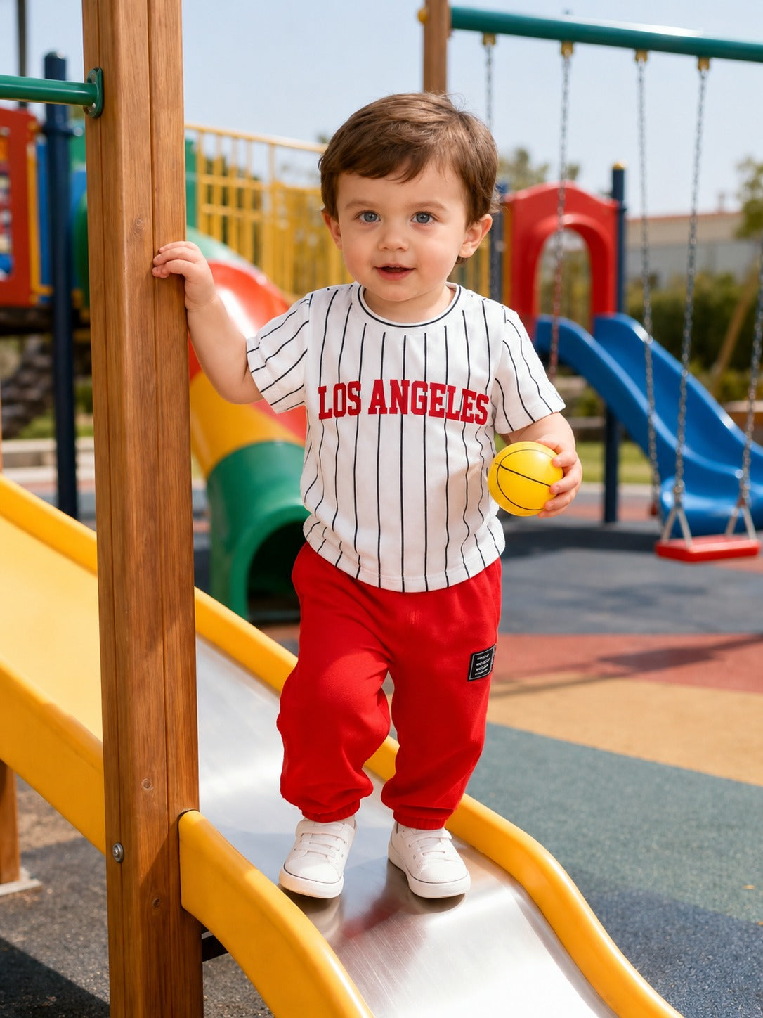 0000 Offwhite LOS Angeles Printed Half Sleeves T-shirt with Red Pajama Kids Suits