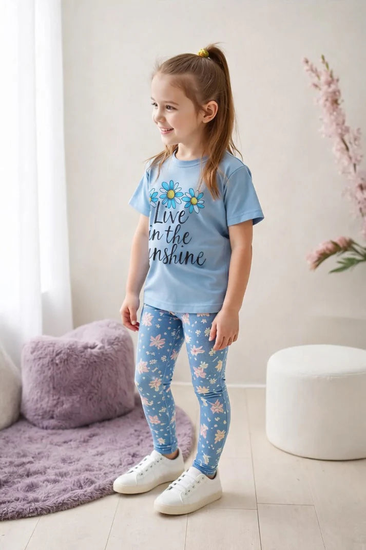 0000 Sky Blue Love In the Sunshine Printed Half Sleeves T-shirt with Flower Printed Pajama Kids Suits