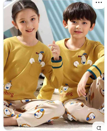 Baby or Baba Blue Yellow Printed with Offwhite Printed Pajama Kids Suits