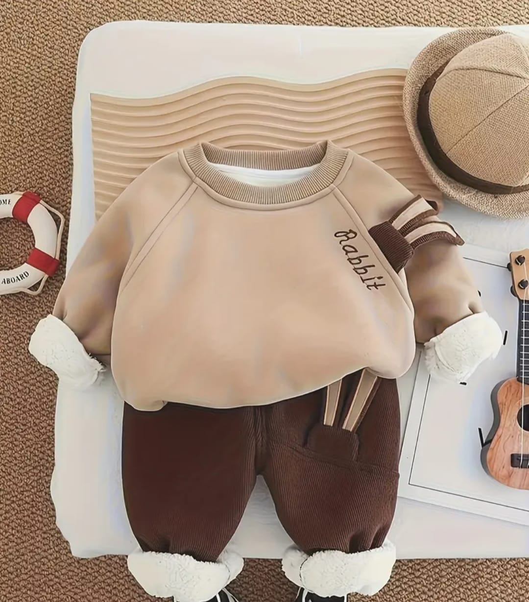 0000 Camel Brown Fleece-Lined Winter Outfit Cute Rabbit design Sweatshirt With Cute Rabbit lined Trouser Tracksuit For Kids