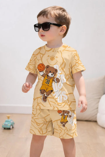 0000 Yellow Basket Ball Bear Printed Half Sleeves T-shirt with Printed Shorts Kids Suits