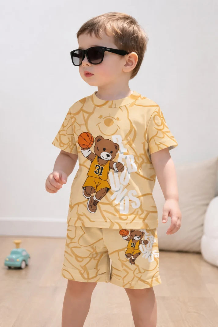 00001 Yellow Basket Ball Bear Printed Half Sleeves T-shirt with Printed Shorts Kids Suits