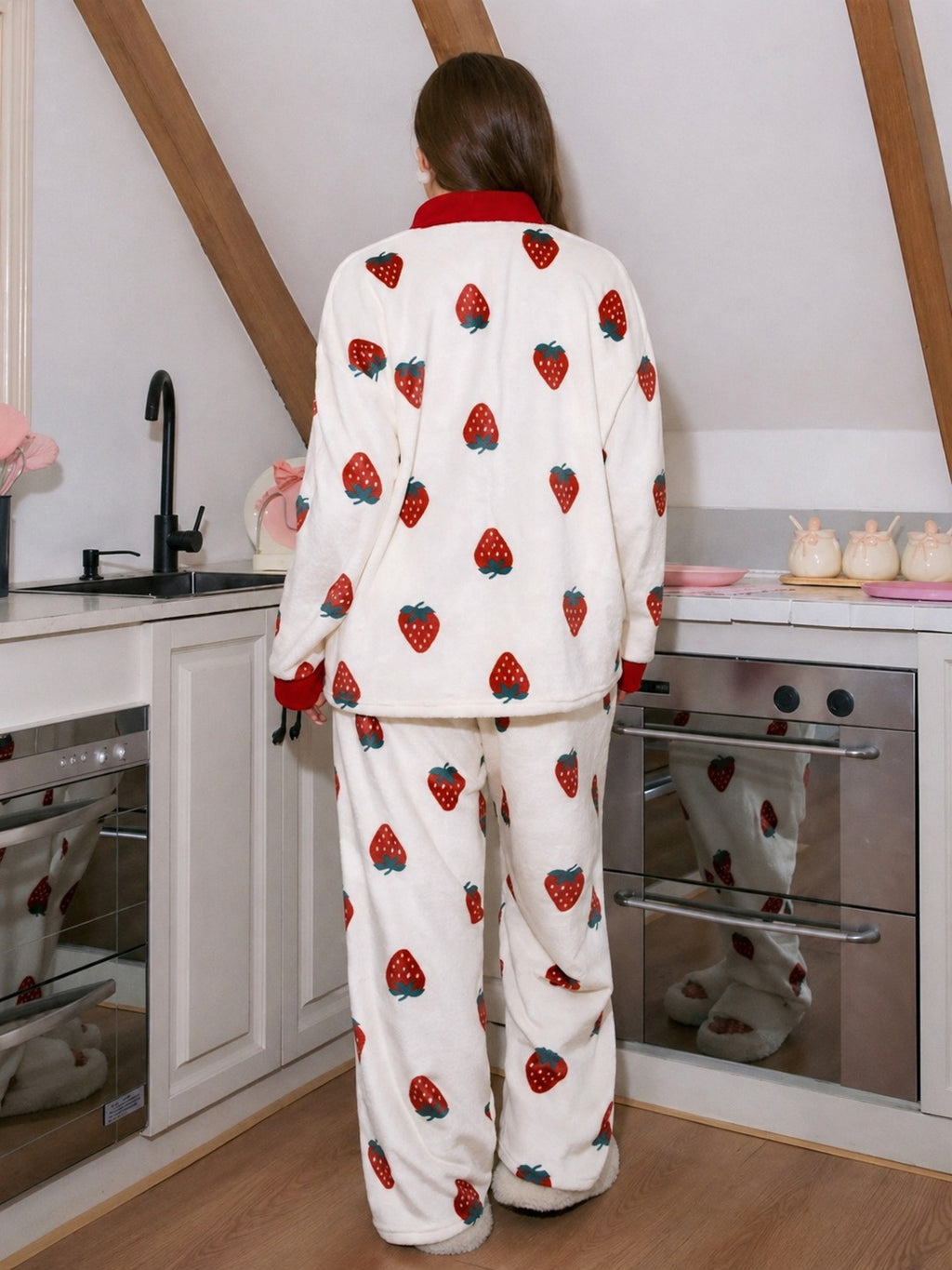 Offwhite All Over Strawberry Printed Front Button Style For Her