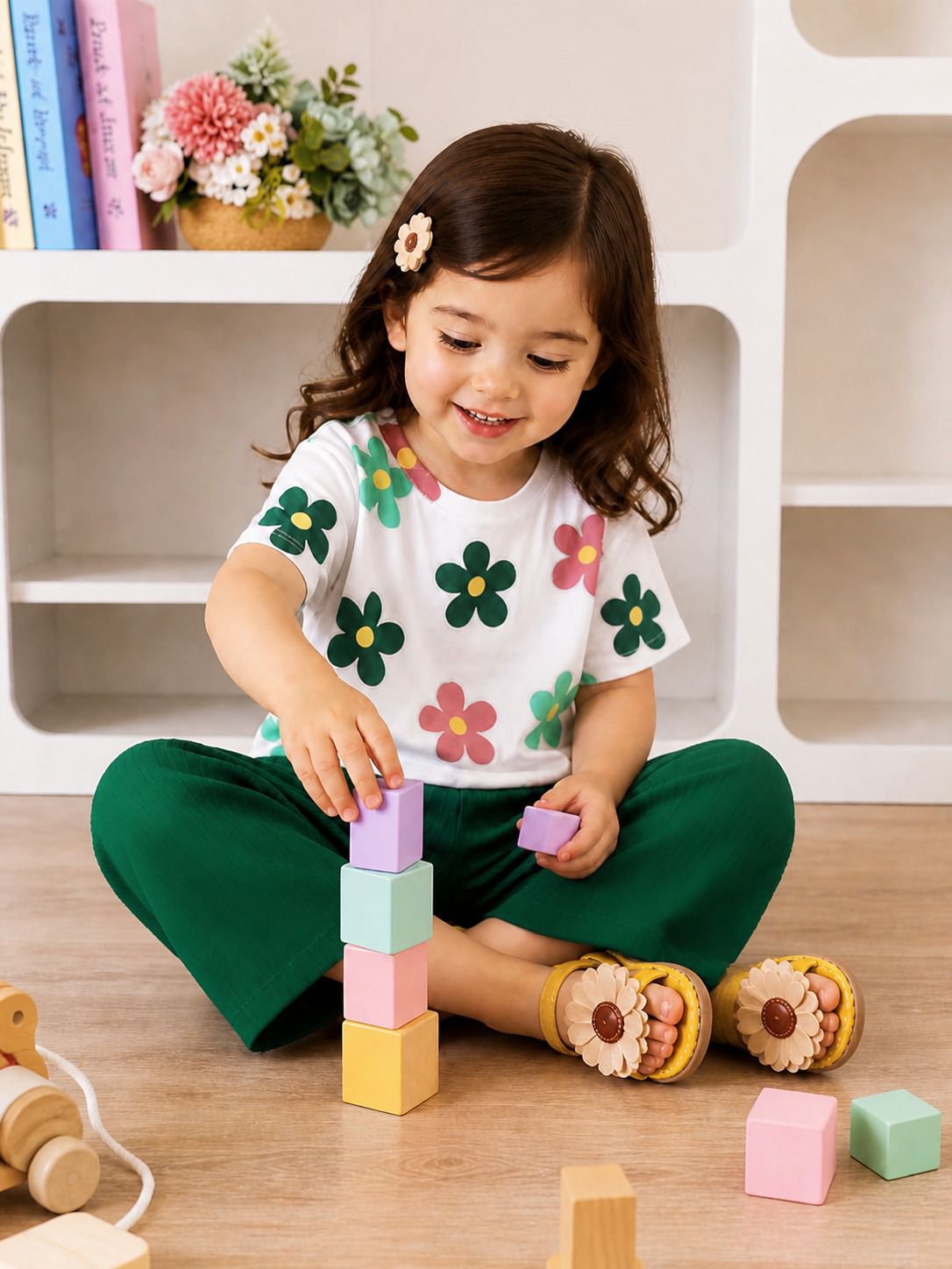 0000 Offwhite Green Flower Printed Half Sleeves T-shirt with Bottle Green Plain Pajama Kids Suits