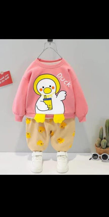 001 Pink Duck Print Sweatshirt With Orange Printed Trouser For Kids