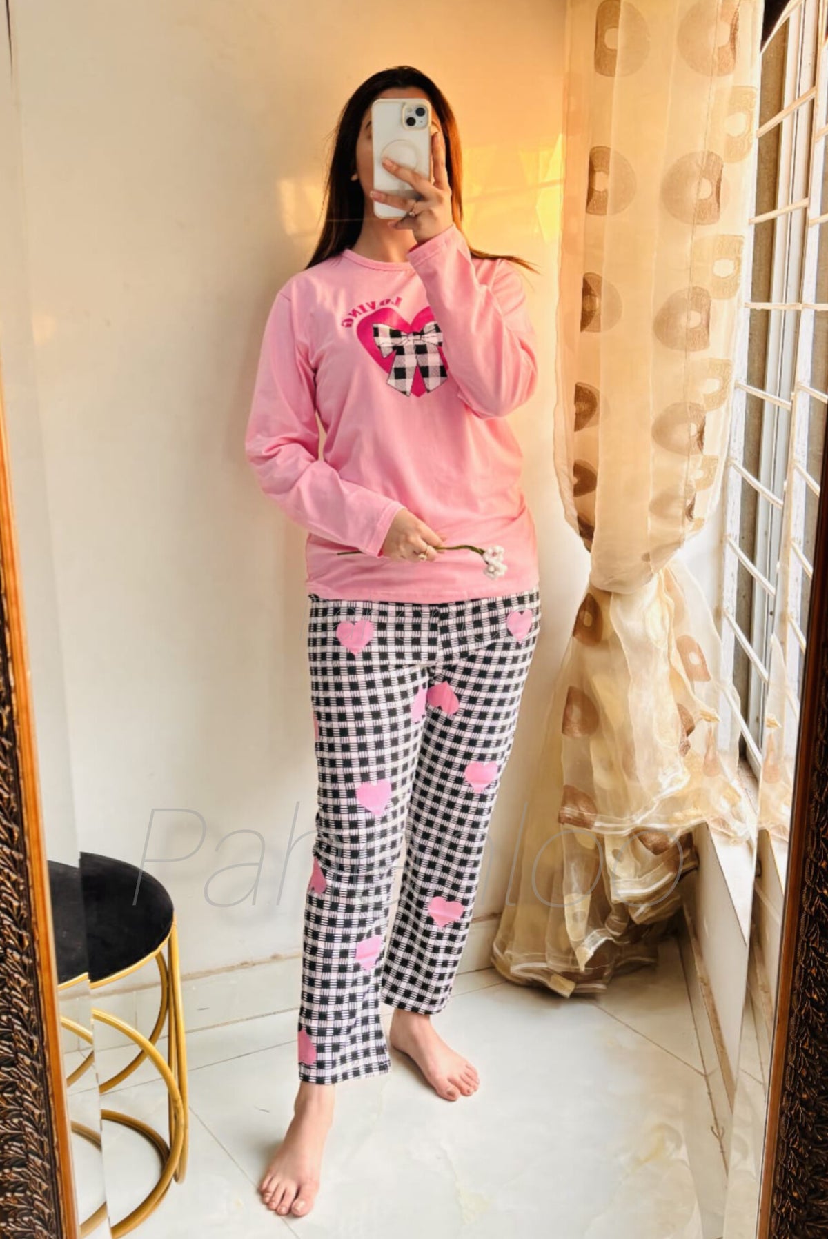 00000 Pink Full Sleeves Heart 💜T-Shirt Full Sleeves With Black & White check Trouser