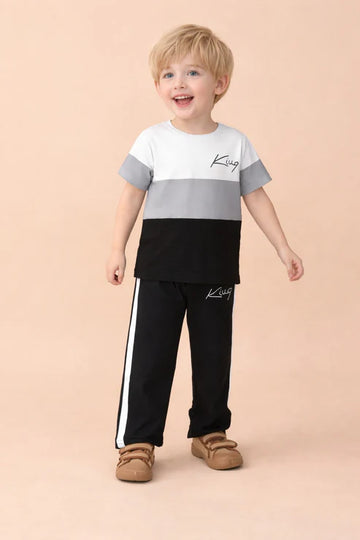 0000 Offwhite Grey Panel King Printed Half Sleeves T-shirt with Black Strip Pajama Kids Suits
