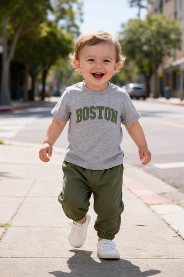 0000 Grey BOSTON Printed Half Sleeves T-shirt with Green Pajama Kids Suits