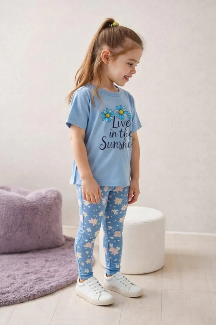00001 Sky Blue Love In the Sunshine Printed Half Sleeves T-shirt with Flower Printed Pajama Kids Suits