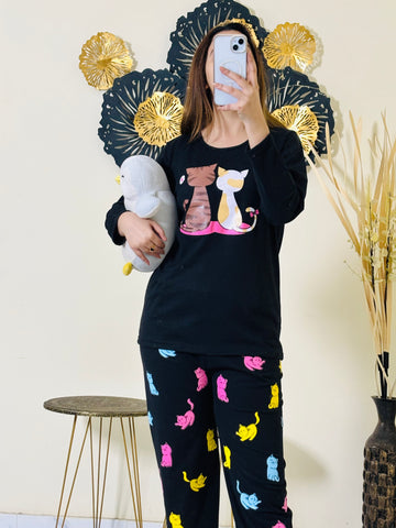 0000 Black Cats Print Full Sleeves Night Suit