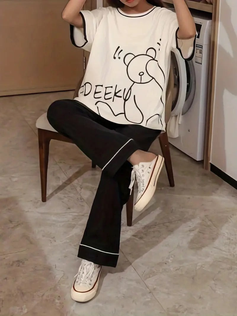 00000 Off White Bear Tideek Half Sleeves  Printed Half Sleeves T-shirt With Black Plain Pajama Suit