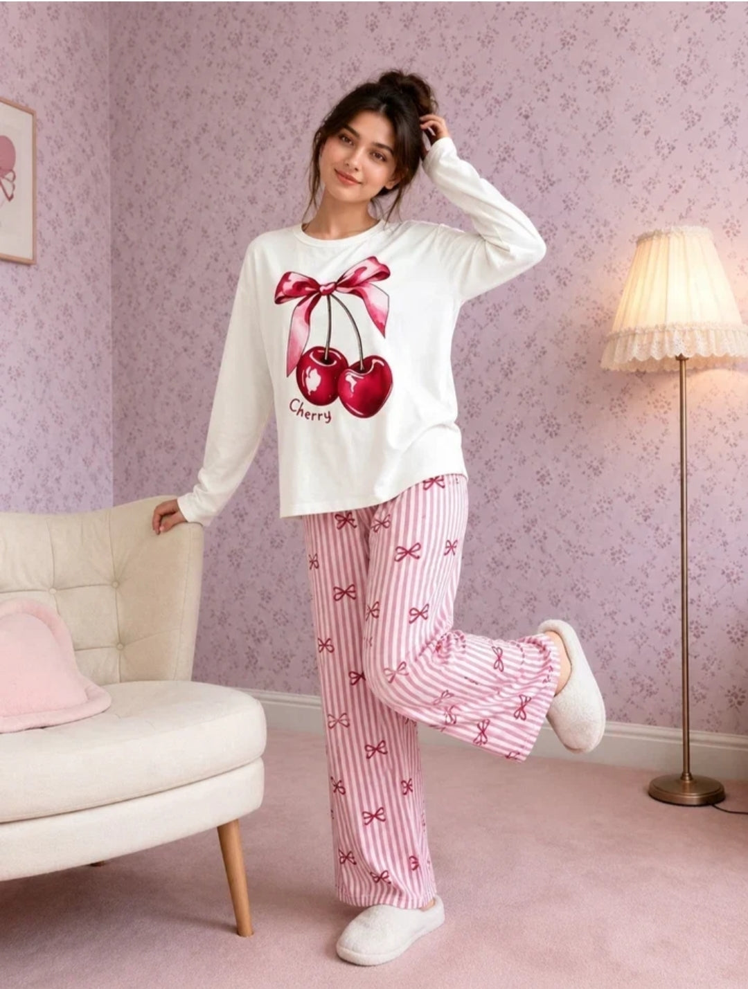 0000 Offwhite Sweet Cherry Printed Full Sleeves T-shirt With Lining Bow Printed Pajama Suit