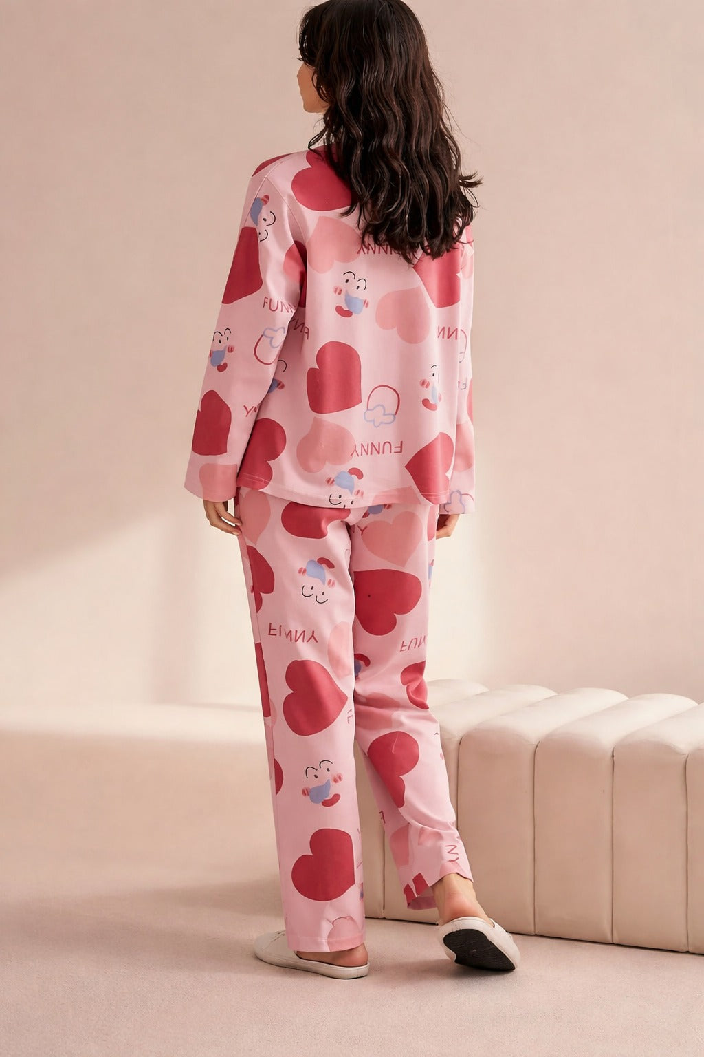 0000 Baby Pink All over Heart Printed Half Sleeves T-shirt With Heart Printed Pajama Suit
