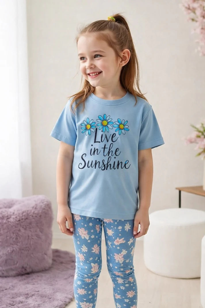 00001 Sky Blue Love In the Sunshine Printed Half Sleeves T-shirt with Flower Printed Pajama Kids Suits