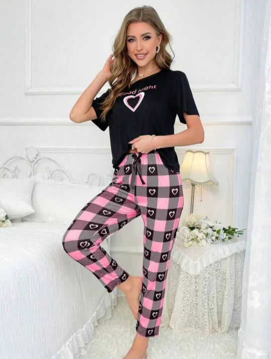 0003 Black Good Night Heart Printed Half Sleeves T-shirt Check Pajama Suit