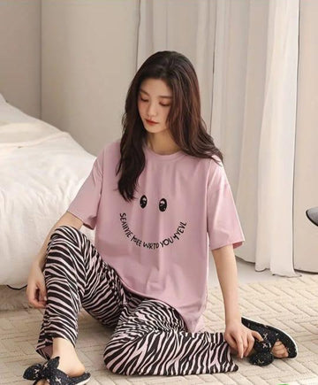 0000 Pink Smiley Printed Half Sleeves T-shirt With cheetah Printed Pajama Suit