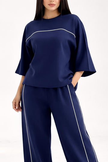 0000 Navy Blue Round Neck Front White Pipin Half Sleeves With Matching Plazzo Style White Pipin Loose Trouser