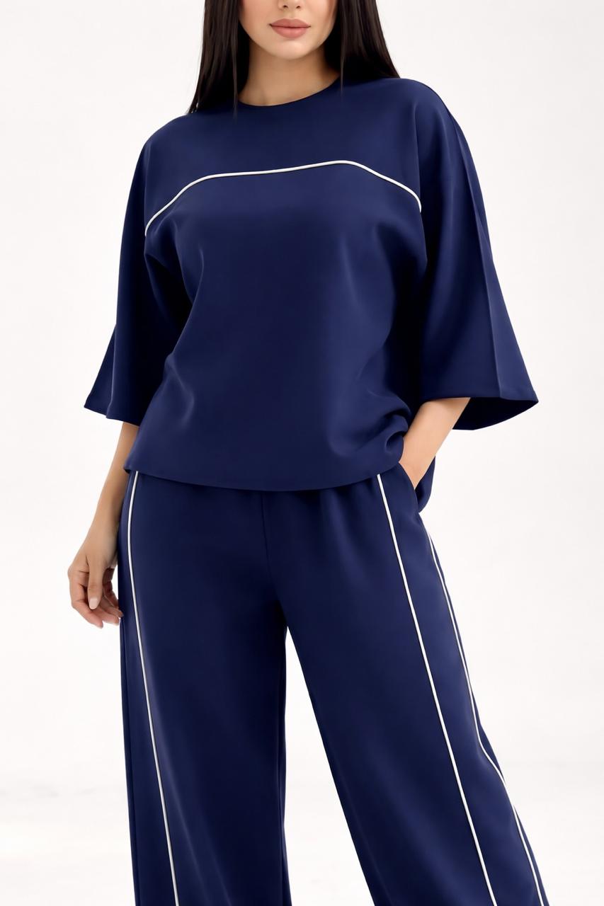 0000 Navy Blue Round Neck Front White Pipin Half Sleeves With Matching Plazzo Style White Pipin Loose Trouser