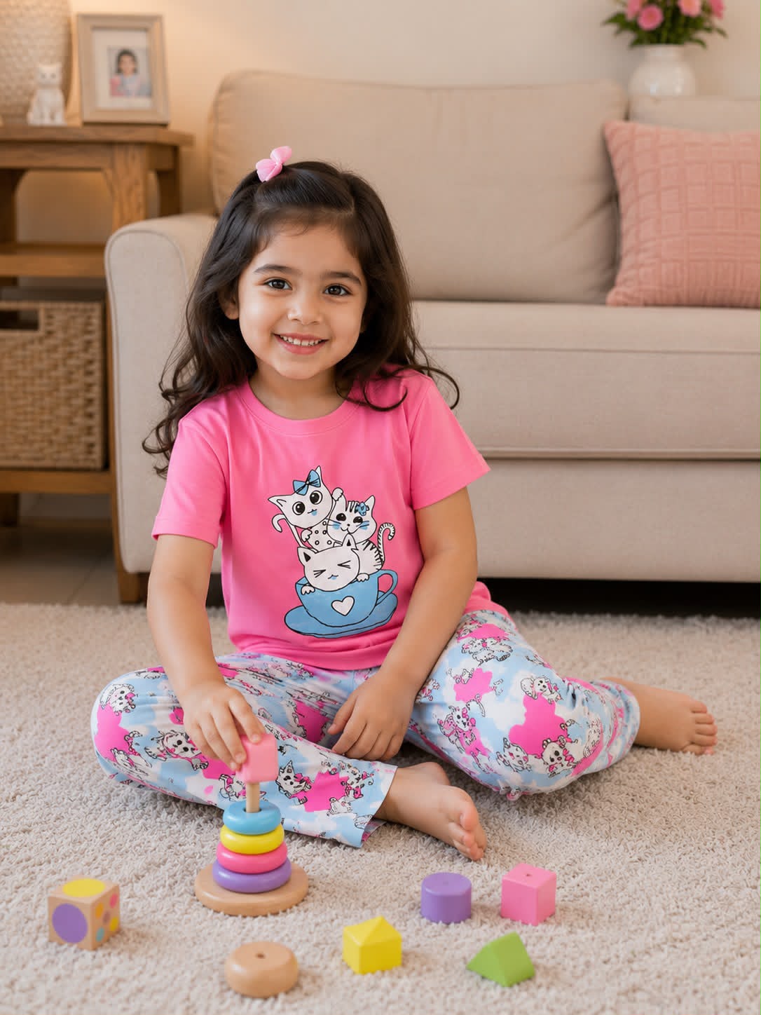 0000 A Baby Pink Cats Printed Half Sleeves T-shirt with Cats Printed Pajama Kids Suits