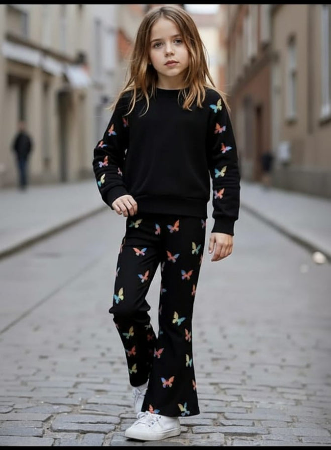 0000 Black Sleeves Butterfly Printed Sweatshirt With Butterflies Printed Fleece Trouser Tracksuit For Kids
