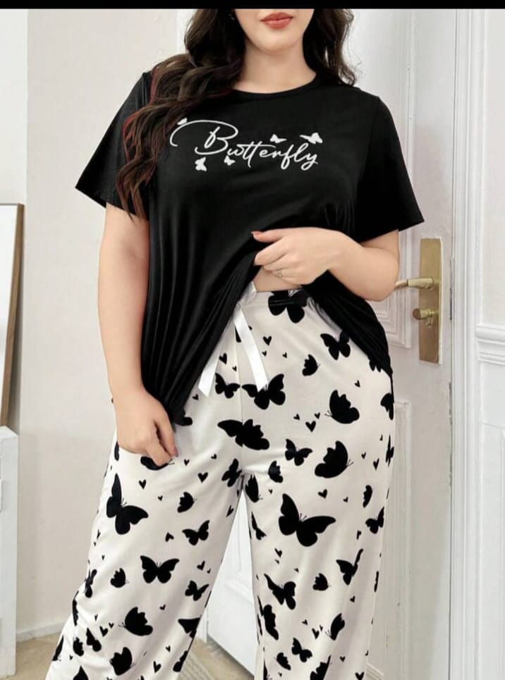 0000 Black Butterfly Printed Half Sleeves T-shirt With Butterfly Printed Pajama Suit