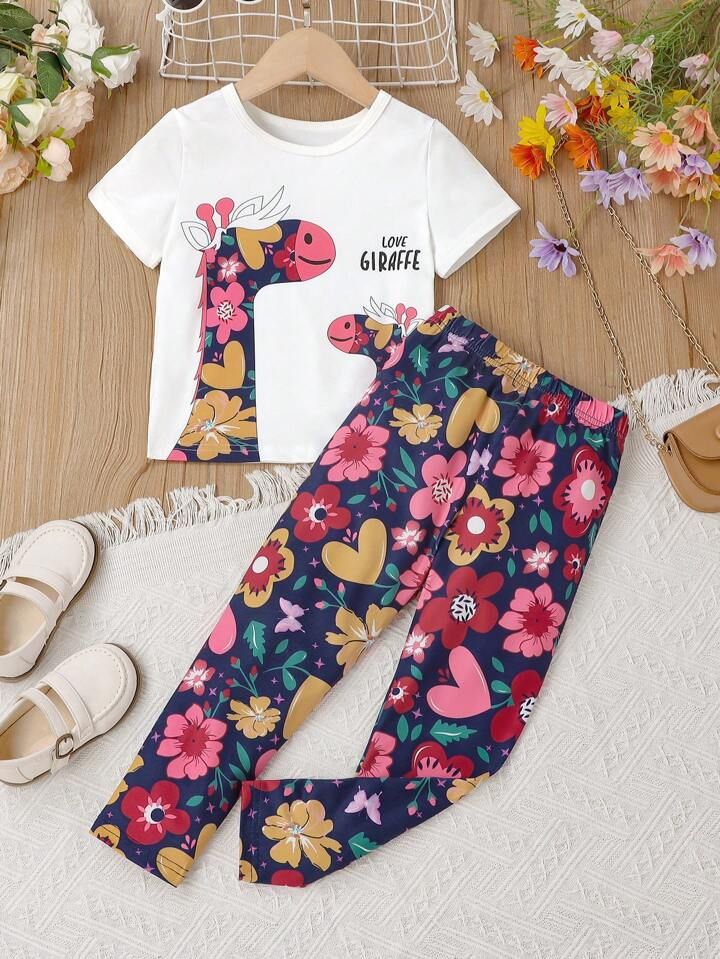 0000 Offwhite Floral Giraffe Printed Half Sleeves T-shirt with Floral Printed Pajama Kids Suits