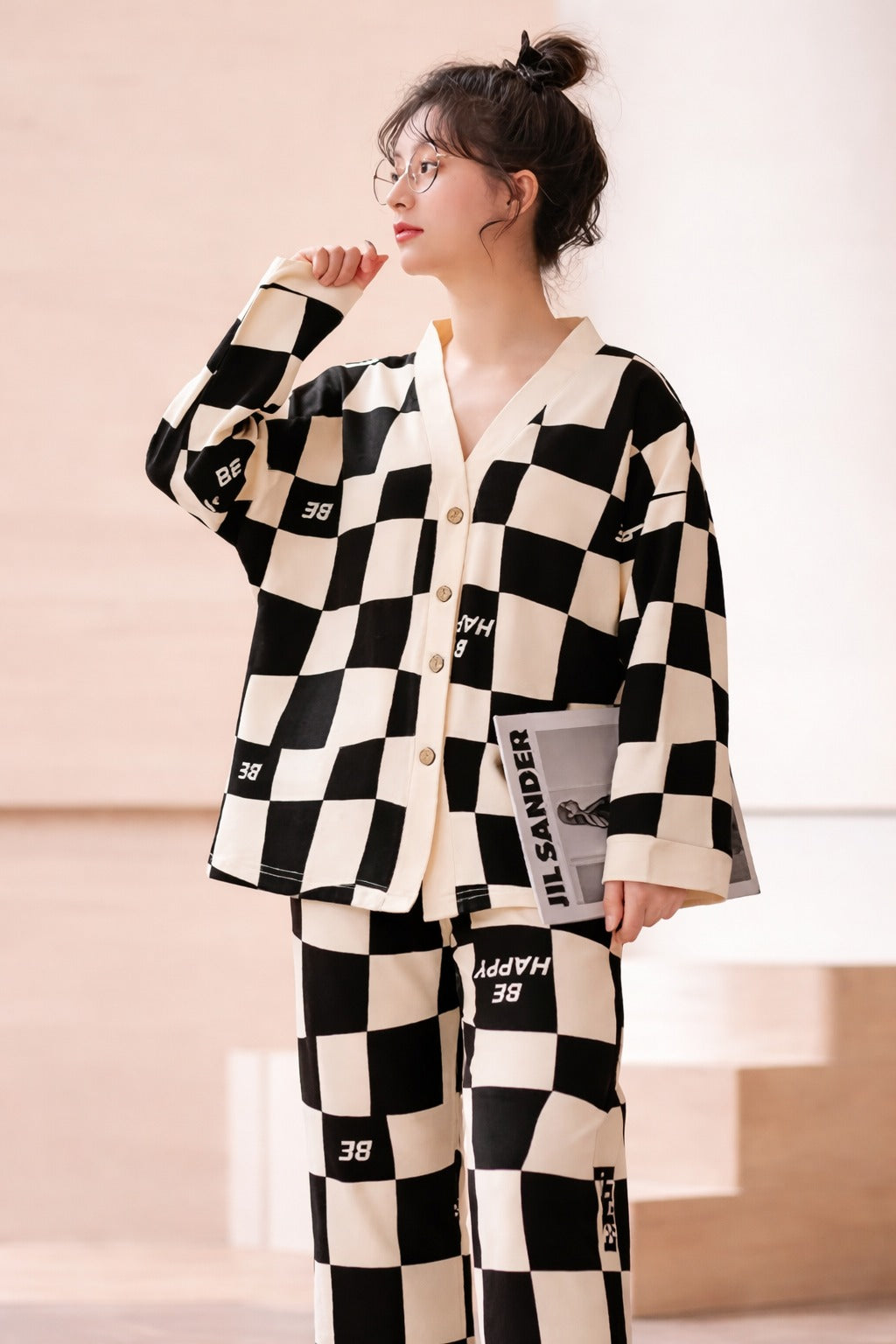 0001 Black Offwhite Check Happy be Printed Front Button Style For Her
