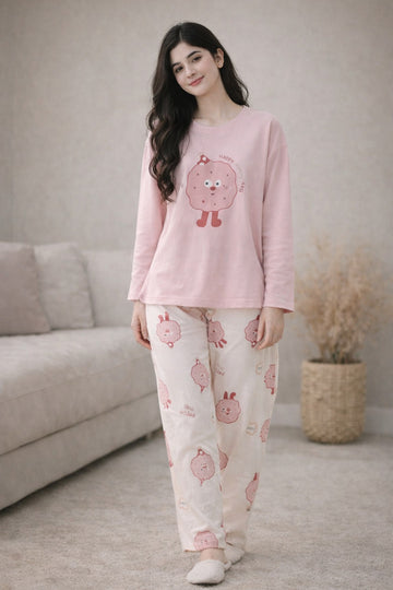 0000 BabyPink Happy Every Day Print  Full Sleeves Night Suit