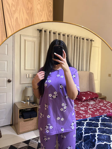 000000 Lilic Flower Half Sleeves With Same Printed Trouser