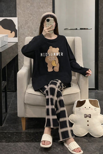 0000 Black Mid Summer Bear Printed Full Sleeves T-shirt With check Printed Pajama Suit