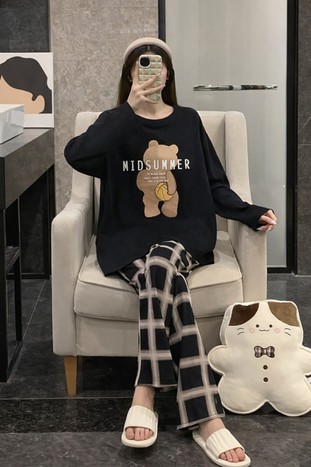 0000 Black Mid Summer Bear Printed Full Sleeves T-shirt With check Printed Pajama Suit