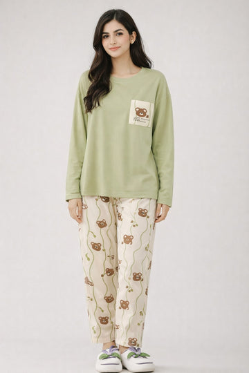 00000 Light Green Pocket Bear Print Full Sleeves Night Suit