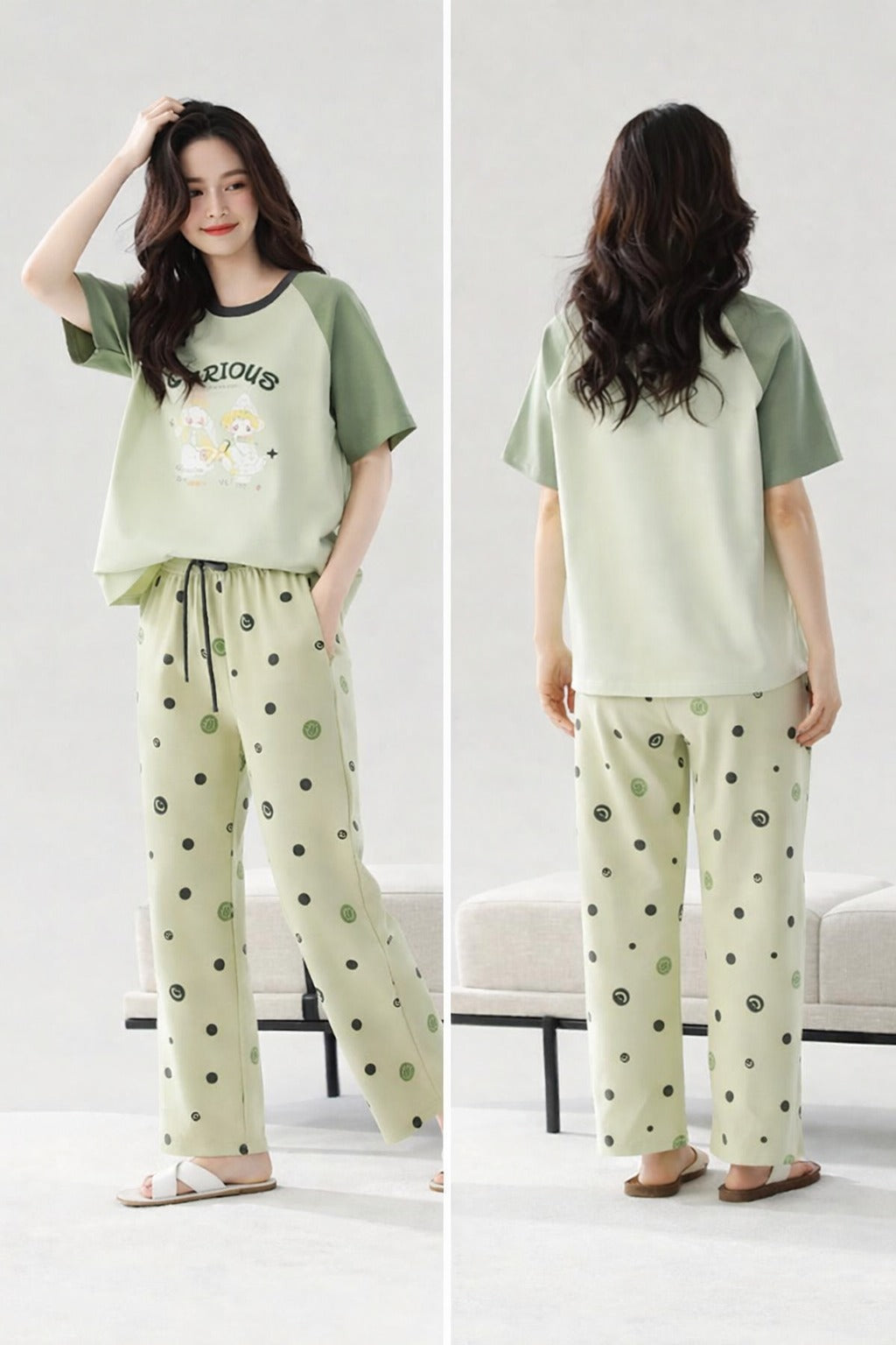 0000 Green Glorious Printed Half Sleeves T-shirt With Dots Printed Pajama Suit
