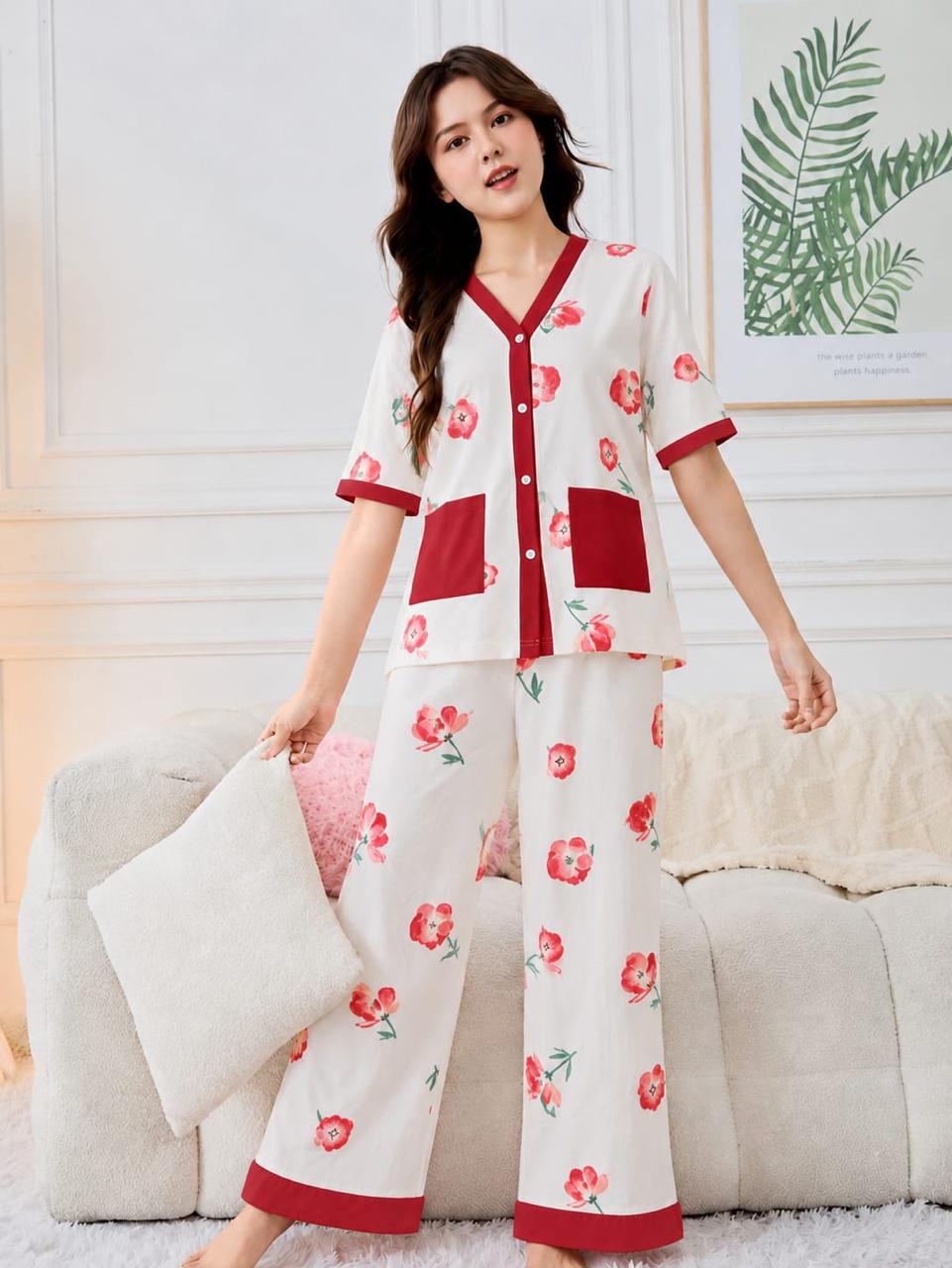 0000 Offwhite Red Flower Front Pocket Printed Front Button Style For Her