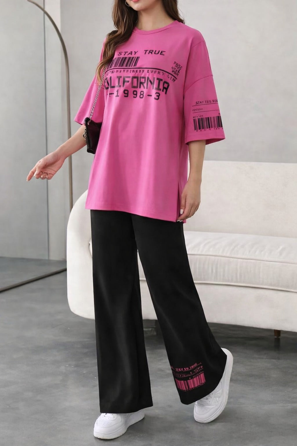 0000 Hot Pink California Printed Half Sleeves Long Shirt With Plazzo Style Printed Pajama Suit