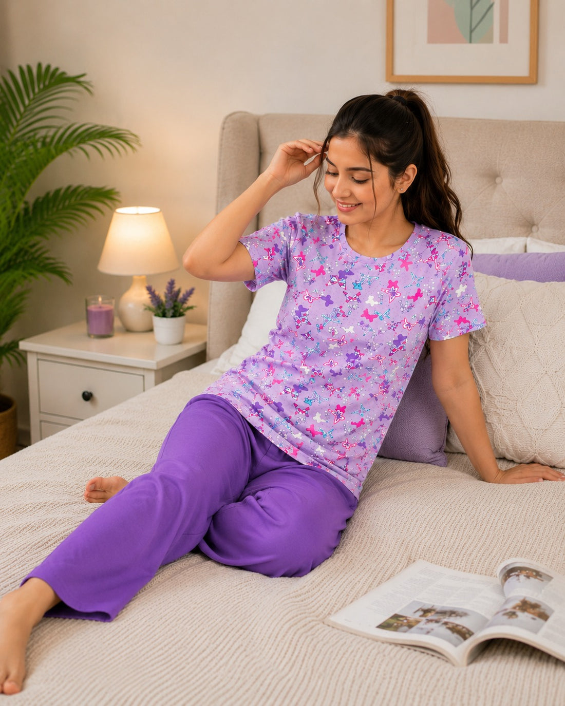 0000 Lilac All Over Butterfly Digital Printed Half Sleeves T-shirt With Plazzo Pajama Suit