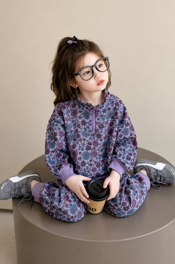 0000 Purple Floral Printed Half Zip Kids Tracksuit