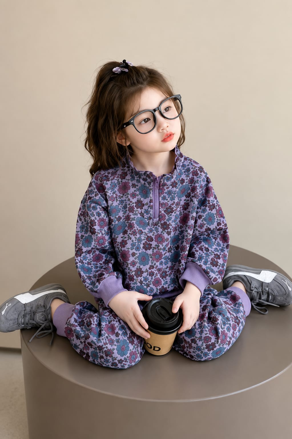 0000 Purple Floral Printed Half Zip Kids Tracksuit