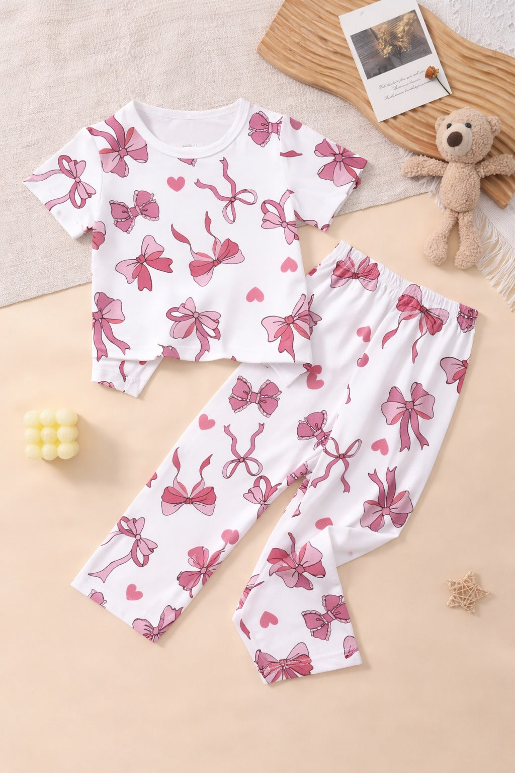 00000 Offwhite all Over Bow Printed Half Sleeves T-shirt with Bow Digital Printed Pajama Kids Suits