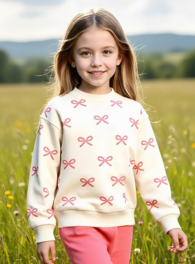 0000 Offwhite Pink Bow Printed Sweatshirt With Pink Fleece Trouser Tracksuit For Kids